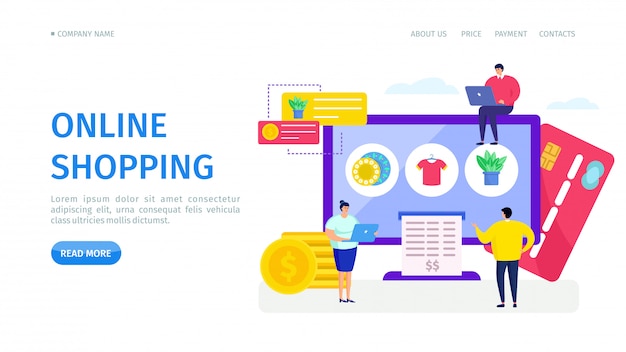 online shopping store landing,   illustration. internet purchase application on computer, product icon on screen. client