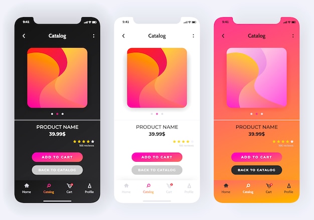 Online store app design in three variations, dark theme, original theme and colored gradient style. Mobile app
