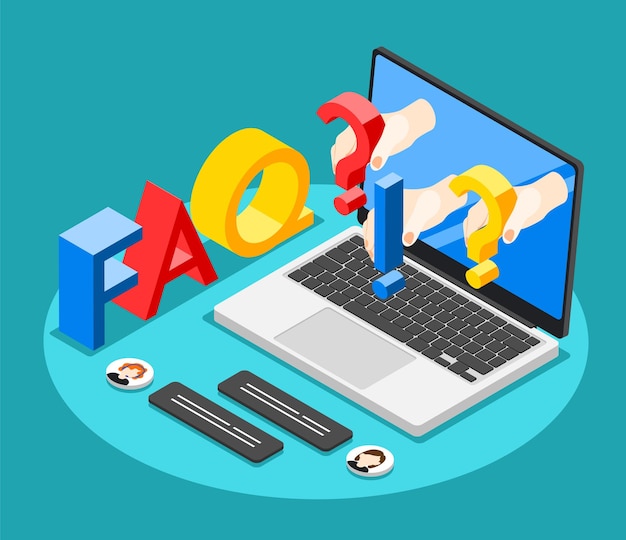 online support center faq concept with laptop exclamations and question marks isometric background vector illustration