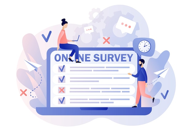 Online survey concept Tiny people filling online survey form on laptop Feedback service Internet