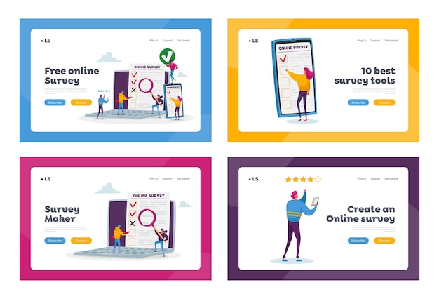 Online Survey Landing Page Template Set. Tiny Characters Filling Digital Form on Huge Laptop and Smartphone Application