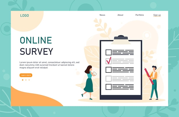 online survey landing page template with header. man holding pencil while looking at a completed checklist on a clipboard. can use for web banner, infographics, hero images. flat vector illustration.