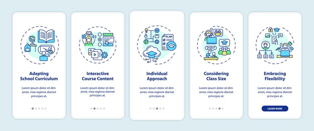 online teaching tips onboarding mobile app page screen with concepts. adapting school curriculum walkthrough  steps. ui  template with rgb color