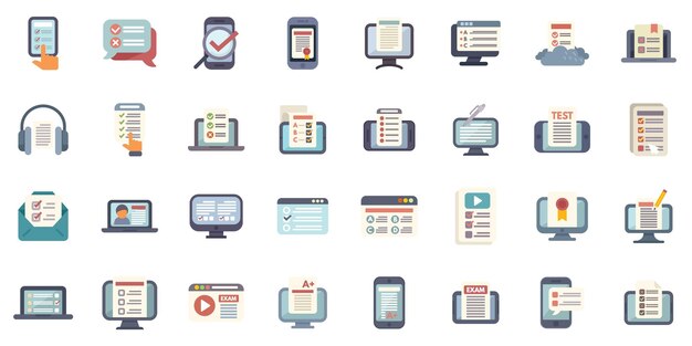 Online testing and checking with electronic devices icons set