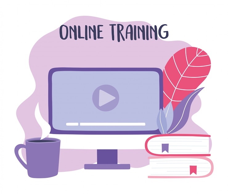 Vektori online training, computer video site books and coffee cup, education and courses learning digital illustration