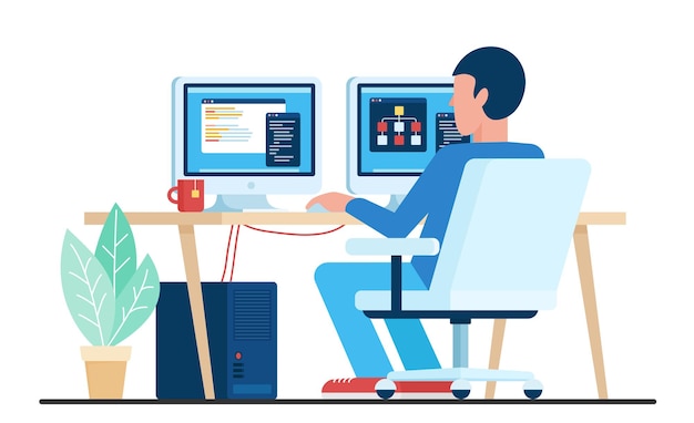 Online work of man in office or home workplace back view of employee sitting at computer