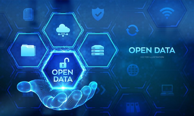 Open data database icon in hand Digital file storage system software Online documentation database