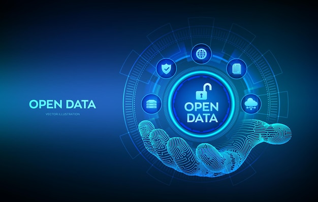 Open data database icon in robotic hand Digital file storage system software Online documentation database technology concept on virtual screen DMS Integration API Vector illustration