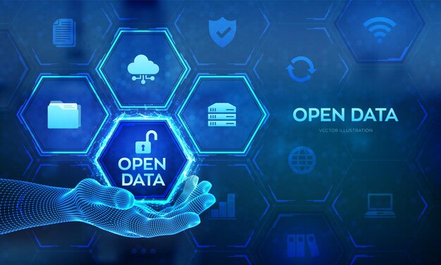 Open data database icon in wireframe hand Digital file storage system software Online documentation database technology concept DMS Integration API Vector illustration