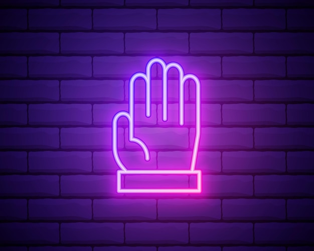 Open hand palm neon sign Bright glowing symbol on a dark brick wall background Neon style icon