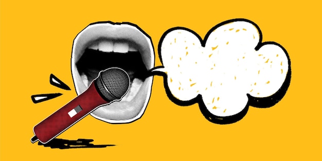 Open lips with a halftone effect shout into the microphone Texture speech bubbles shaded with pencil