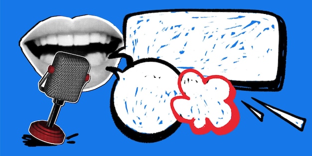 Open lips with a halftone effect shout into the microphone Texture speech bubbles shaded with pencil
