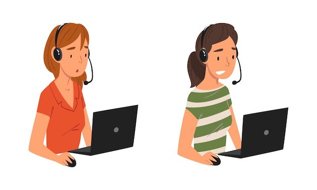operator of call center office sitting in front of laptop working in headphones vector set