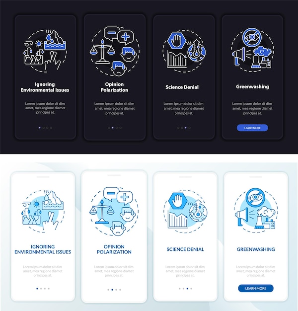 Opinion polarization onboarding mobile app page screen. Science denial walkthrough 4 steps graphic instructions with concepts. UI, UX, GUI vector template with linear night and day mode illustrations
