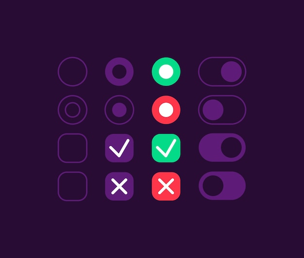 Option switches UI elements kit. Press button. Settings   icon, bar and dashboard template. Web  widget collection for mobile application with dark theme interface