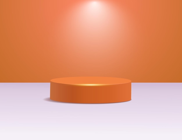 Orange 3d podium cylinder for product display with studio lights in the background