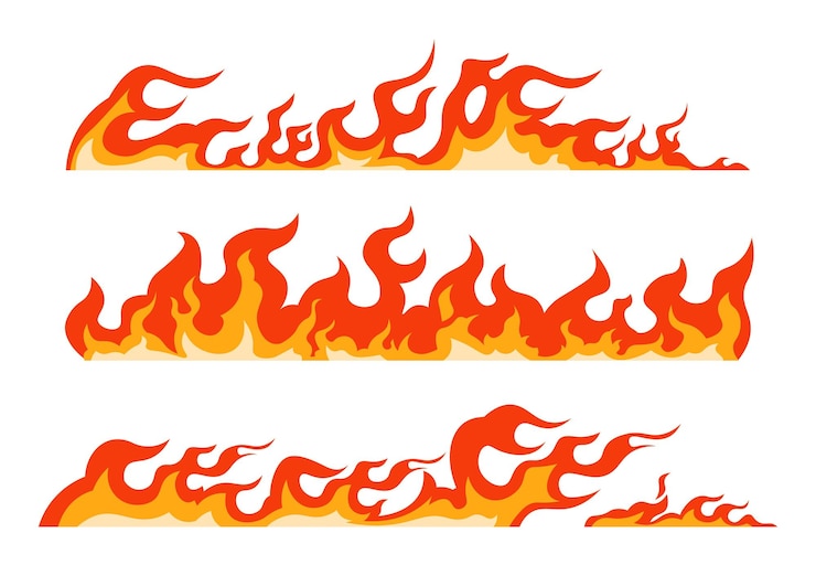 Vektori orange flame. burning fire line, framing decorative element and blazing border, seamless pattern