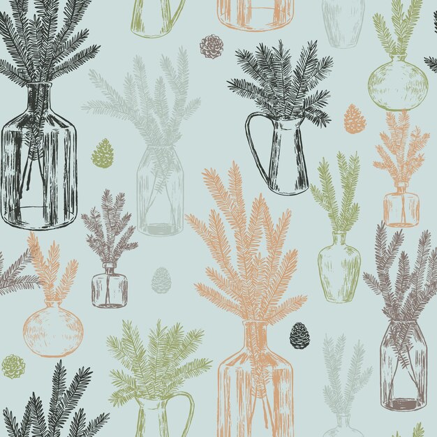 ornament of jars with fir tree branches and cones christmas tree twigs in vases abstract vector seamless pattern retro style design