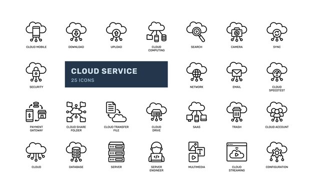 Outline Cloud Service Icon Set with File Transfer and SaaS Tools