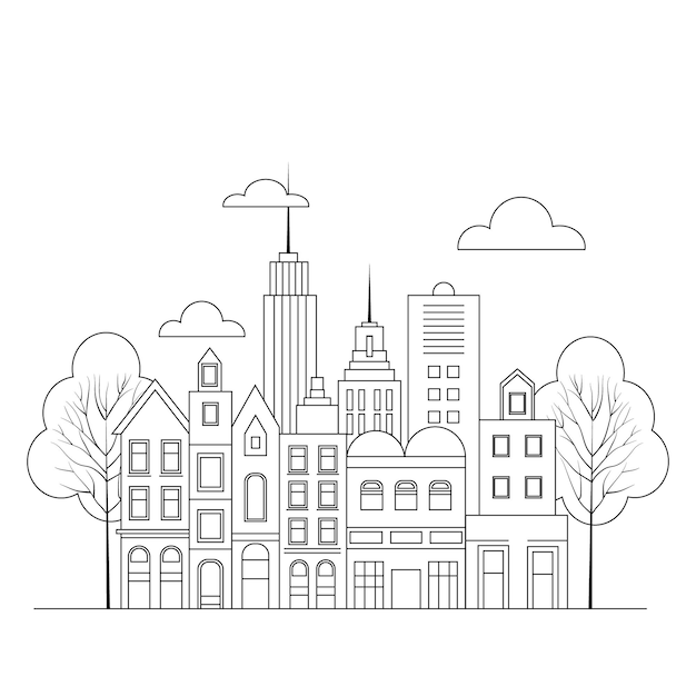 outline illustration in a simple minimal geometric style a cityscape with buildings and trees presented as a horizontal banner