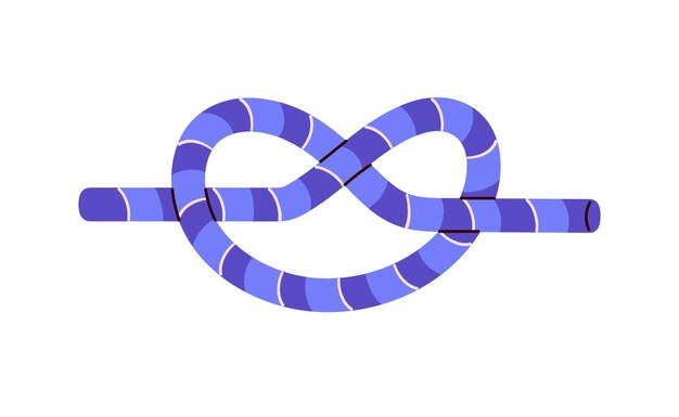 Overhand knot Technique of striped blue rope node closeup Tutorial of marine bond cord tie Climbing hiking bundle braided cordage noose Flat isolated vector illustration on white background