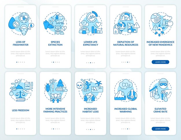 Overpopulation and overcrowding blue onboarding mobile app screen set