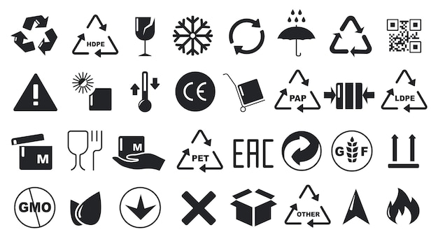 packaging and recycling symbols food packaging warning signs frozen products temperature storage delivery and shipping standard vector safety icons isolated set