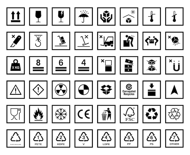 packaging box symbols set flat warning signs for carton boxes