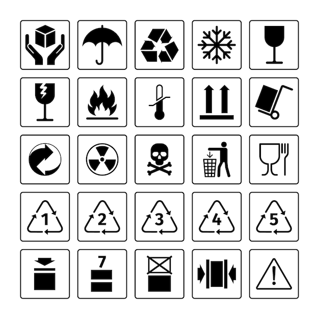 packaging symbols. vector package icons with waste recycling and fragile, flammable and this side up symbols