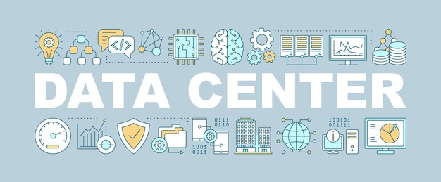 Palvelinkeskuksen sanojen banneri. Big data. Tietokanta. Eristetty typografinen idea lineaarisilla kuvakkeilla. IT-teknologia. Koneoppiminen. Vektoriluonnoskuva