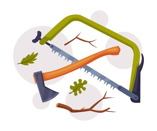 panel saw with toothed blade and ax with wooden handle as wood chopping implement vector composition
