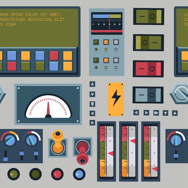 Panel with buttons knobs and switchers for controlling machinery or system at work Screen displaying message pinters and colorful indicators notifying about operation result Vector in flat style