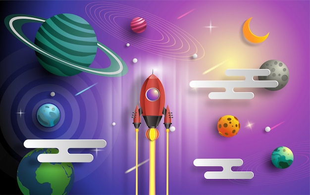 Paper art style of rocket flying in space with start up concept.