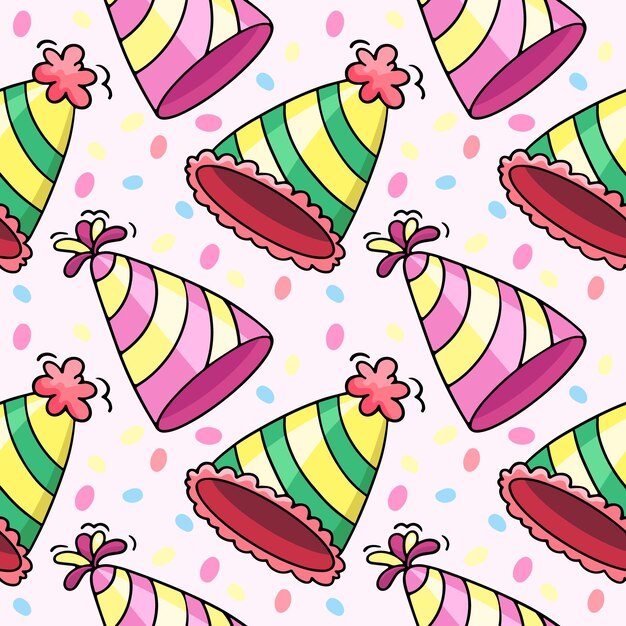 Paper cone cap party hat vector seamless pattern in the style of doodles hand drawn