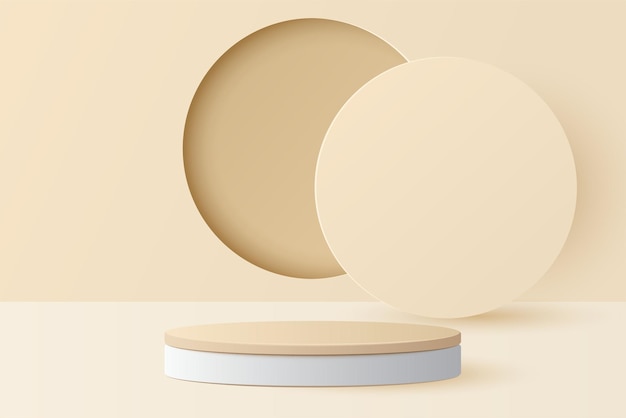Paper cut of minimal scene with cylinder podium on light brown background Product presentation mock up show cosmetic Vector illustration