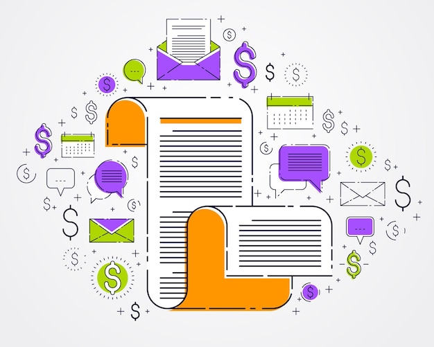 paper document with icon set, electronic documentation concept, data saving and protection, faq or agreement membership contract and rules, vector design.