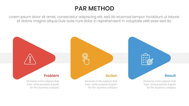 PAR method infographic 3 point with triangle arrow right direction for slide presentation
