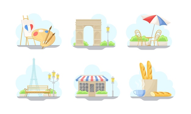 Paris Street Views with Eiffel Tower and Baguette Vector Illustrations Set