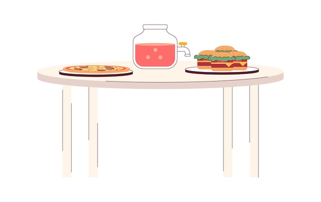 Party fastfood and punch jar with tap on table semi flat colour vector object