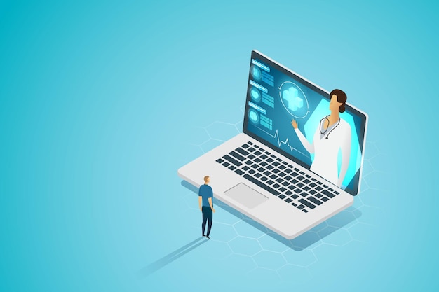 Patients with doctors via laptop screen and icon medical
