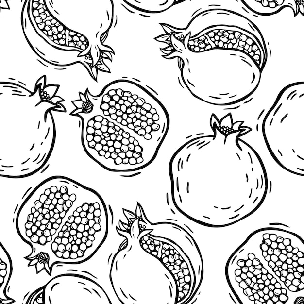 Pattern of different pomegranate fruits Vector botanical black and white pattern in linocut style