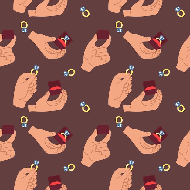 Pattern of the hands holding gold ring diamond ring in a box Seamless flat pattern sparkling washing