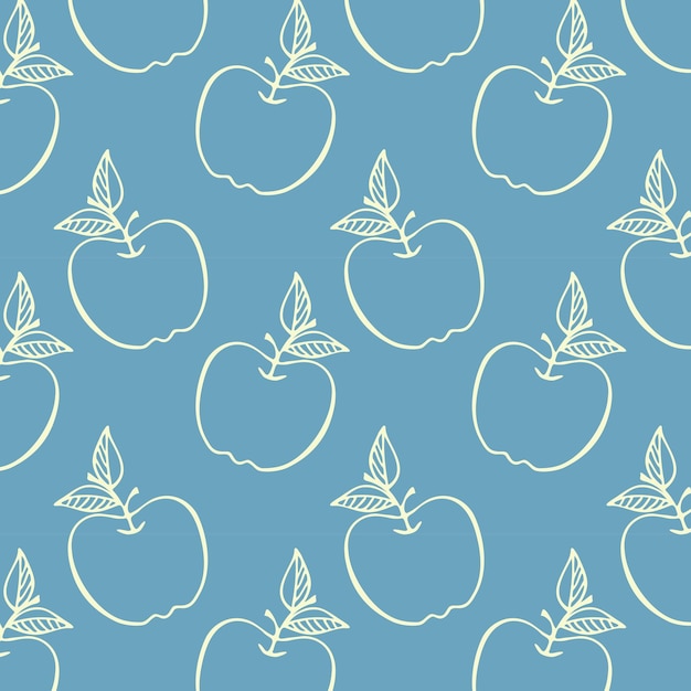 pattern with apples hand drawn white outline on blue background