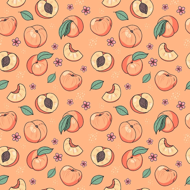 Peach or apricot hand drawn seamless pattern Vector illustration in doodle style