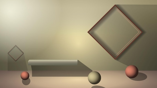Pedestal shelf on wall and balls on floor and frames on wall in 3d style Banner for advertising