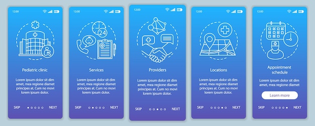 Pediatric clinic onboarding mobile app page screen vector template