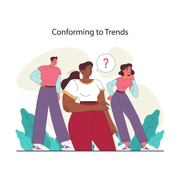 Peer pressure woman stands uncertainly amidst peers contemplating the pressure to conform to