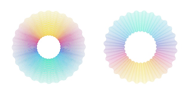 Pehmeä sateenkaarenvärinen lineaarinen pistetausta. Design-elementit. Kaarevat viivat. Guilloche. Suojakerros seteleille, tutkinnoille ja todistuksille. Mallipohja. Vektori-kuvitus EPS 10