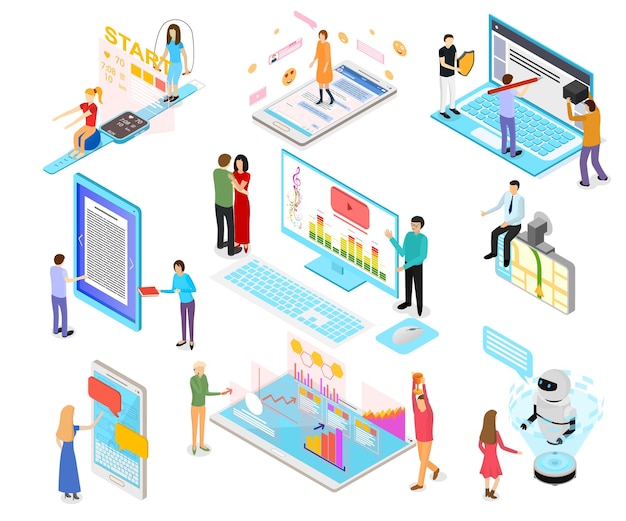 People and App Interfaces Concept 3d Isometric View Include of Mobile Computer and Laptop Vector illustration of Application Interface
