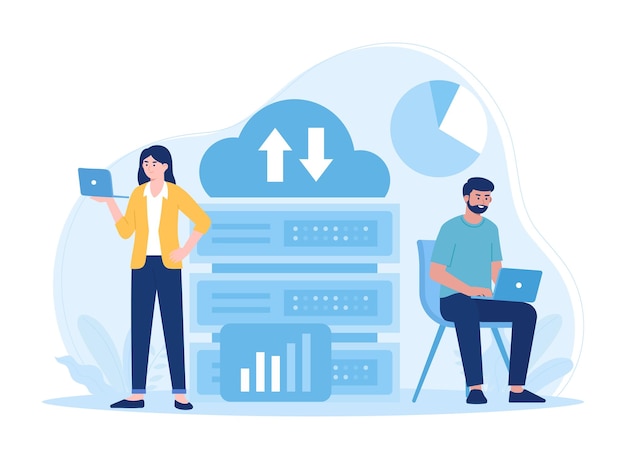 people backing up data to big data concept flat illustration